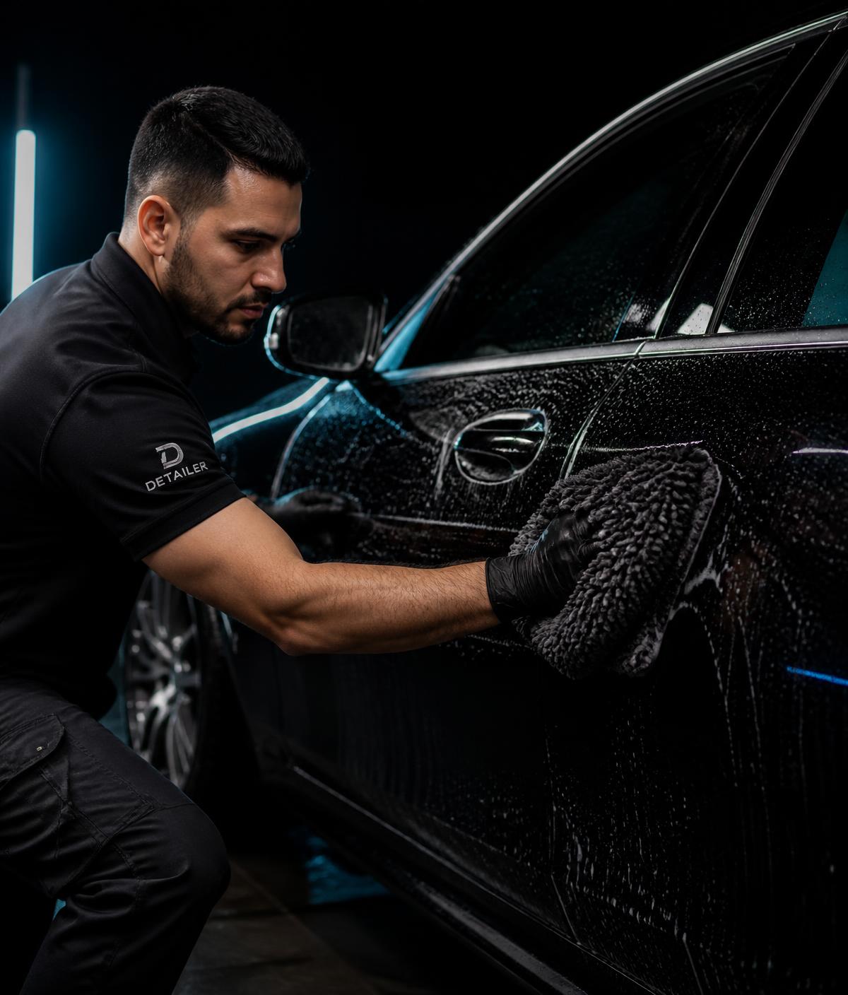 Medewerker reinigt zorgvuldig met de hand een zwarte luxe auto